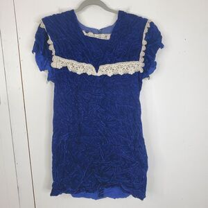 Gunne Sax Dress Velvet Vintage 80s Holiday Lace Trim Blue Draped Collar Girls 11